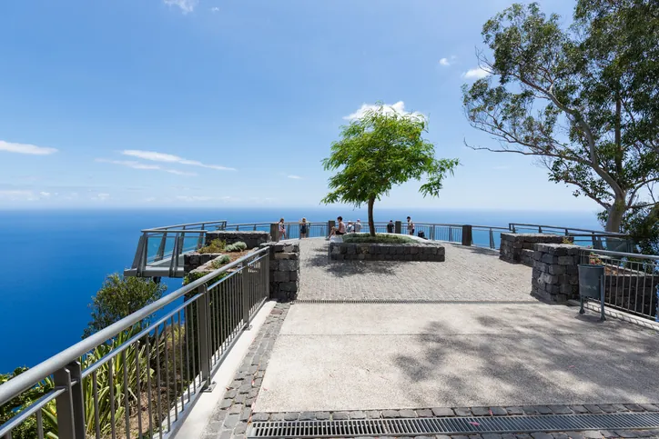 Uitzichtpunt met een groene boom boven de blauwe Atlantische oceaan op Madeira