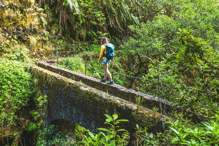 Wandelaar langs een groene levada op Madeira in mei