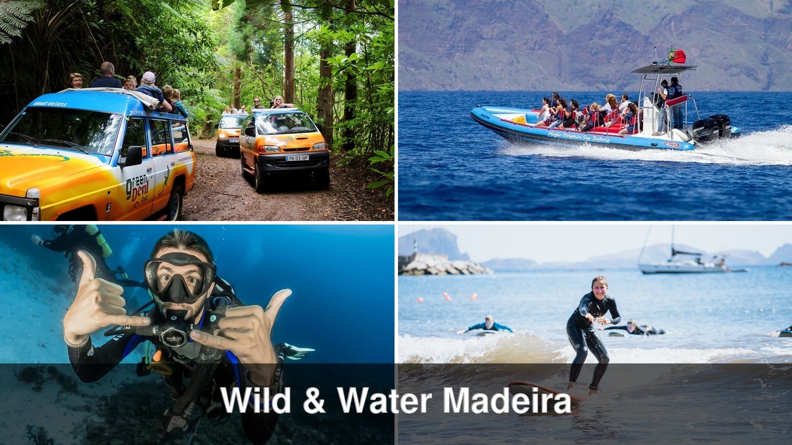 Collage van vier avontuurlijke land- en waterexcursies op Madeira